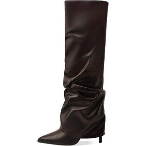 Women's Brown-Pu Knee High Fold Over Wide Calf Pointed Toe Long Heel Boot
